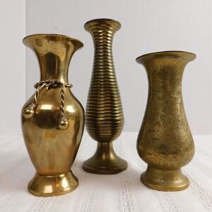 Solid Brass Vases India Lot of 3 Etched Rope Ribbed 5" 7" Patina Bohemian Decor!